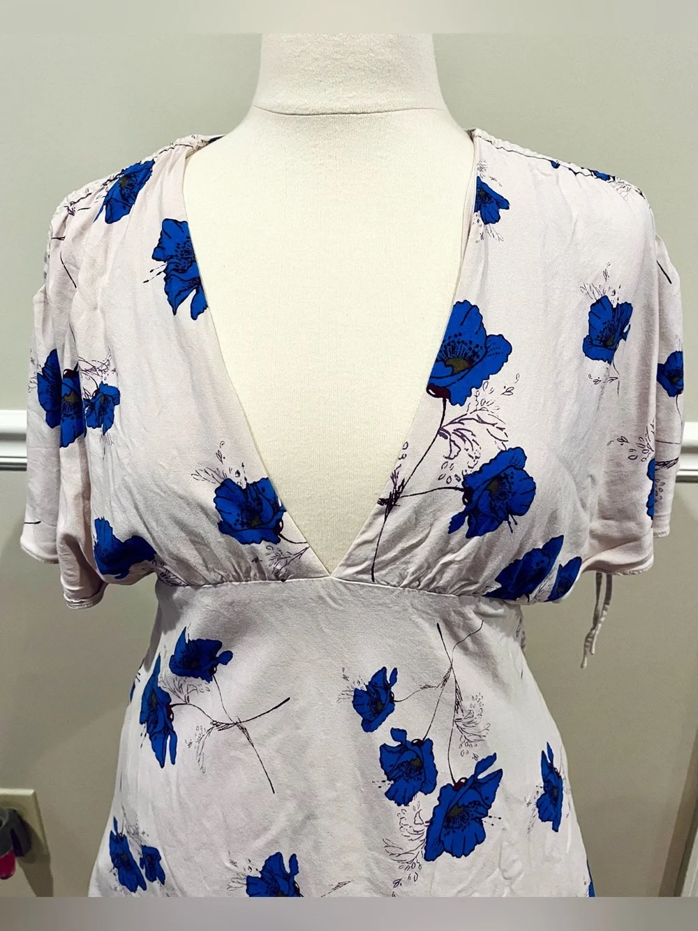 Free People Melanie Cream Mini Dress with Blue Floral Print